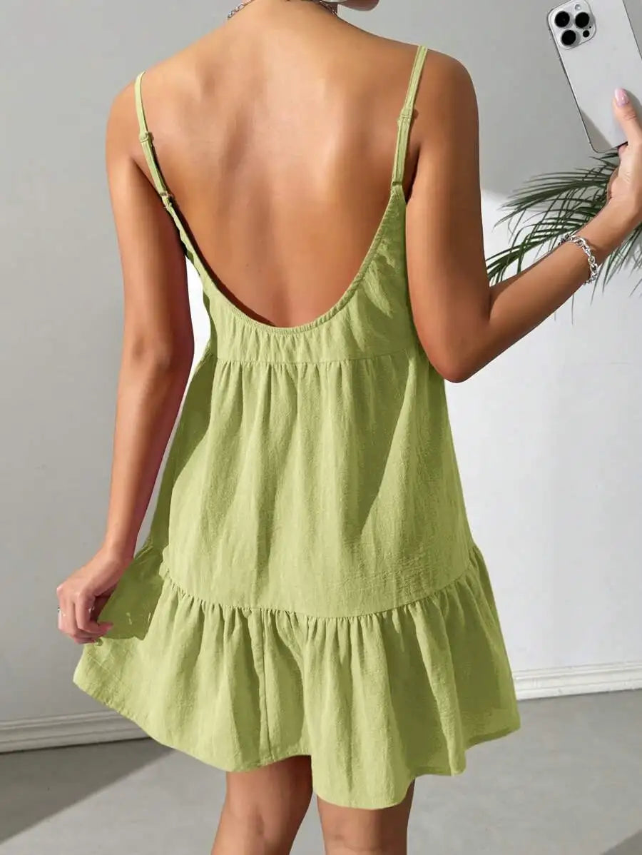 Backless Camisole Dress Ruffle Hem, Mini Dress