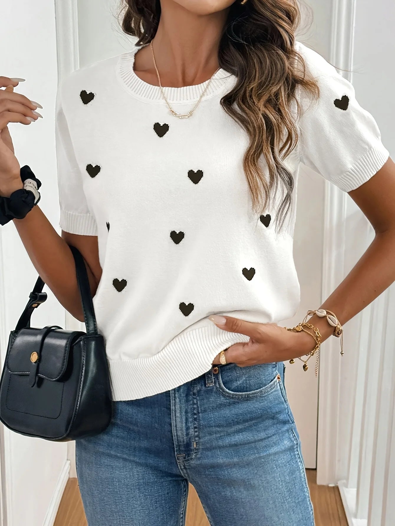 Woman Sweater Knitted Round Neck Short Sleeve Tops