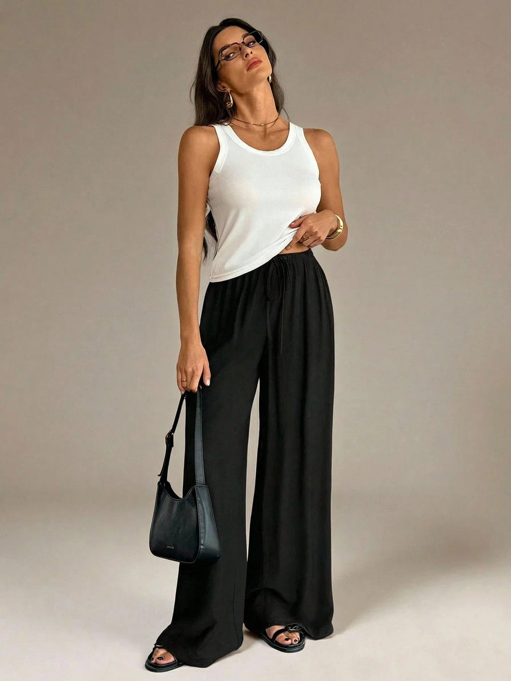 Women Wide Leg Pants Casual High Waist Elastic Drawstring Black