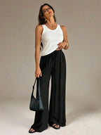 Women Wide Leg Pants Casual High Waist Elastic Drawstring Black
