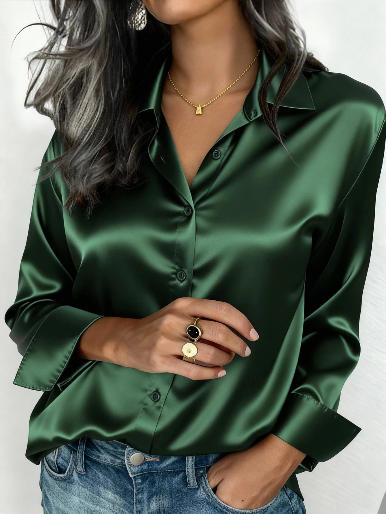 Women's Satin Button-Up Blouse, Elegant Collared Shirt