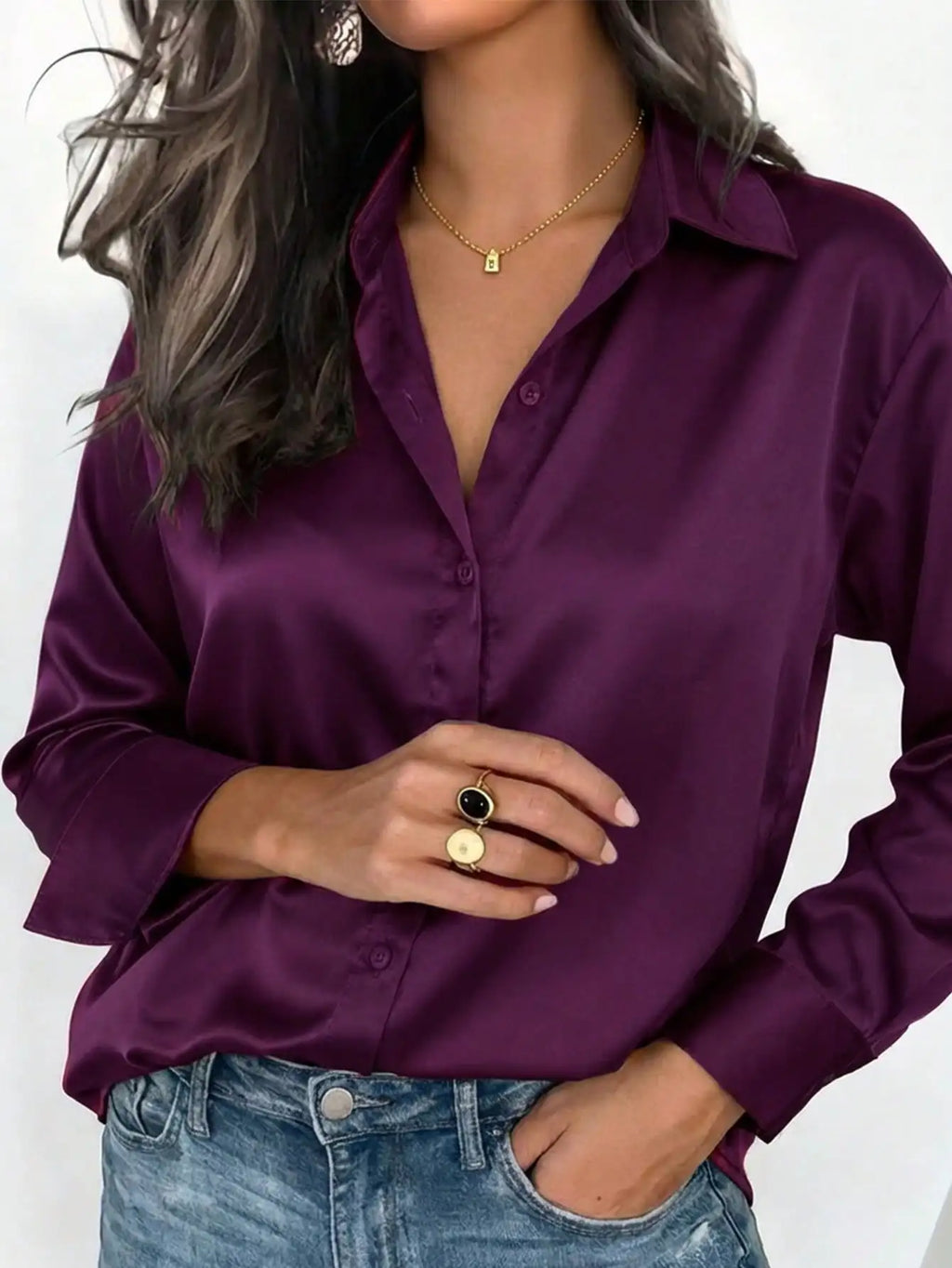 Women's Satin Button-Up Blouse, Elegant Collared Shirt