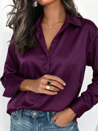 Women's Satin Button-Up Blouse, Elegant Collared Shirt