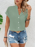 V-Neck Short Sleeve Button Down Shirt