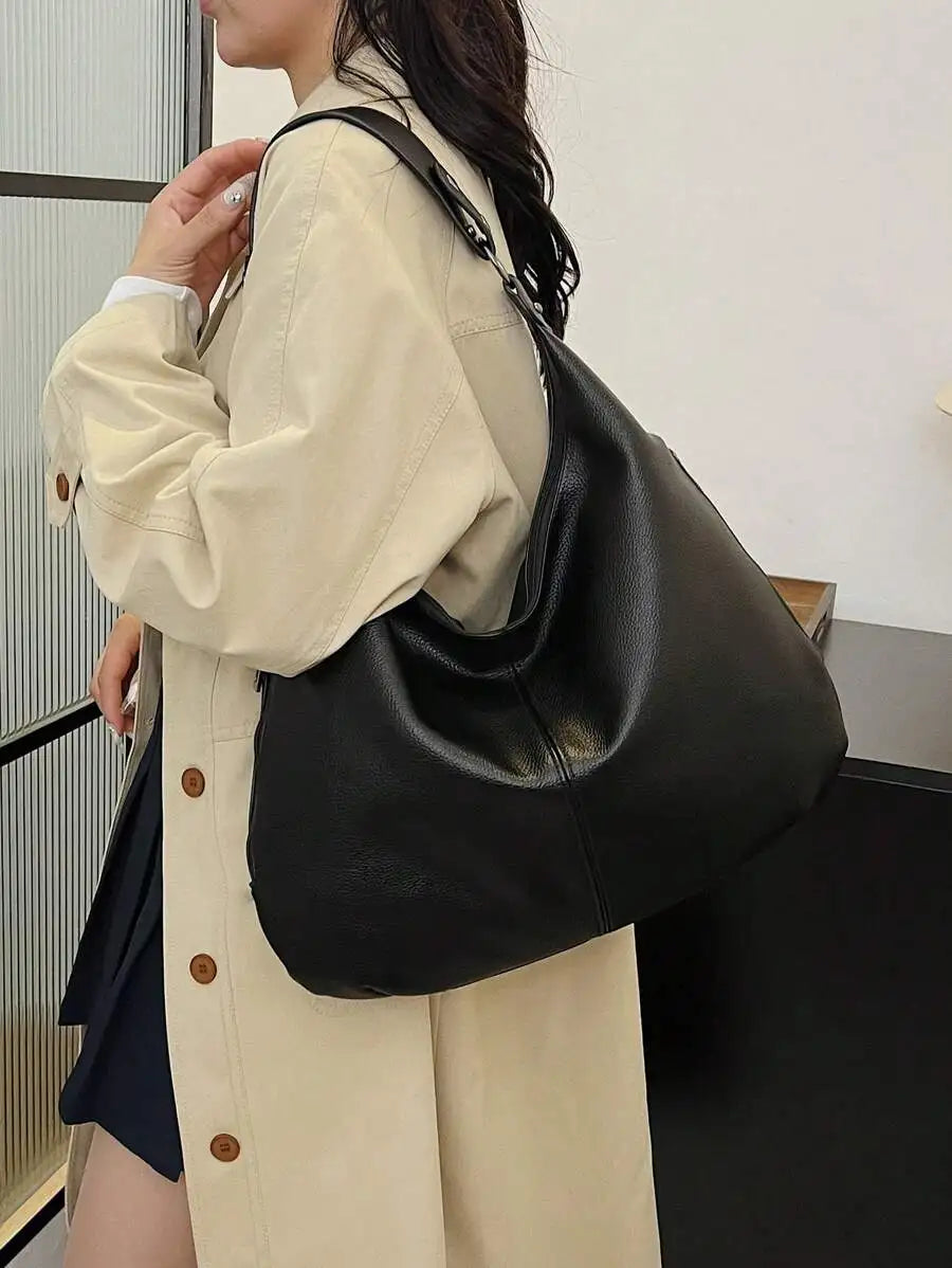 Black Faux Leather Shoulder Bag  Zipper Closure