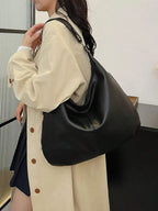 Black Faux Leather Shoulder Bag  Zipper Closure