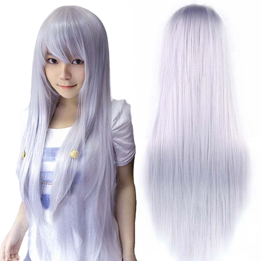 80cm Straight Synthetic Cosplay Wig White Purple Green Silver Pink Lolita Hairpiece with Bangs Long Wigs