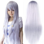 80cm Straight Synthetic Cosplay Wig White Purple Green Silver Pink Lolita Hairpiece with Bangs Long Wigs