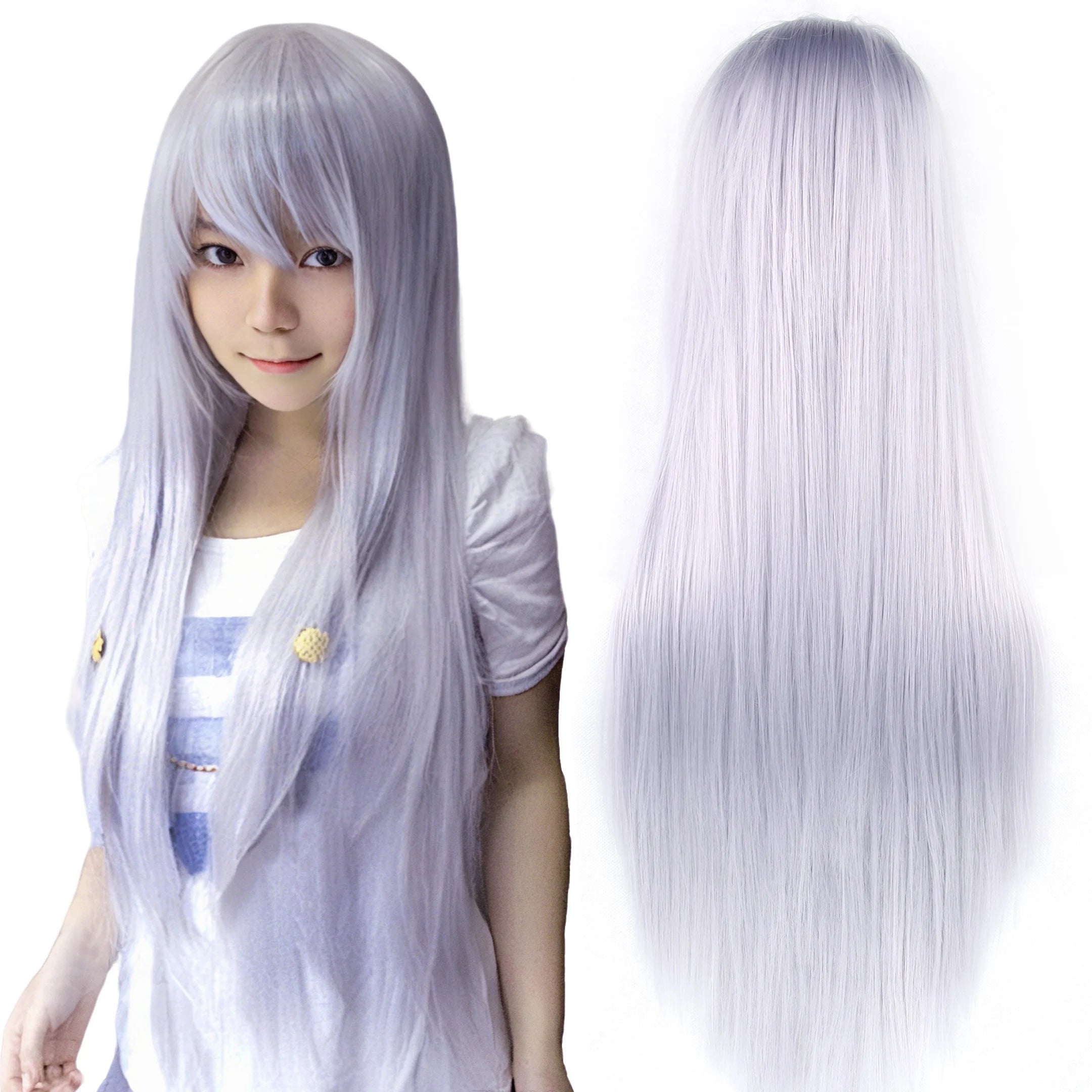 80cm Straight Synthetic Cosplay Wig White Purple Green Silver Pink Lolita Hairpiece with Bangs Long Wigs