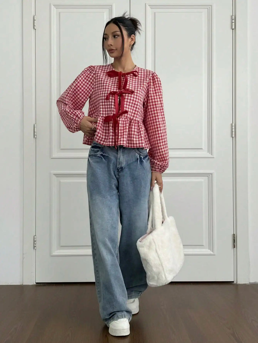 Red & White Gingham Blouse Bow Tie Front Puff Sleeves