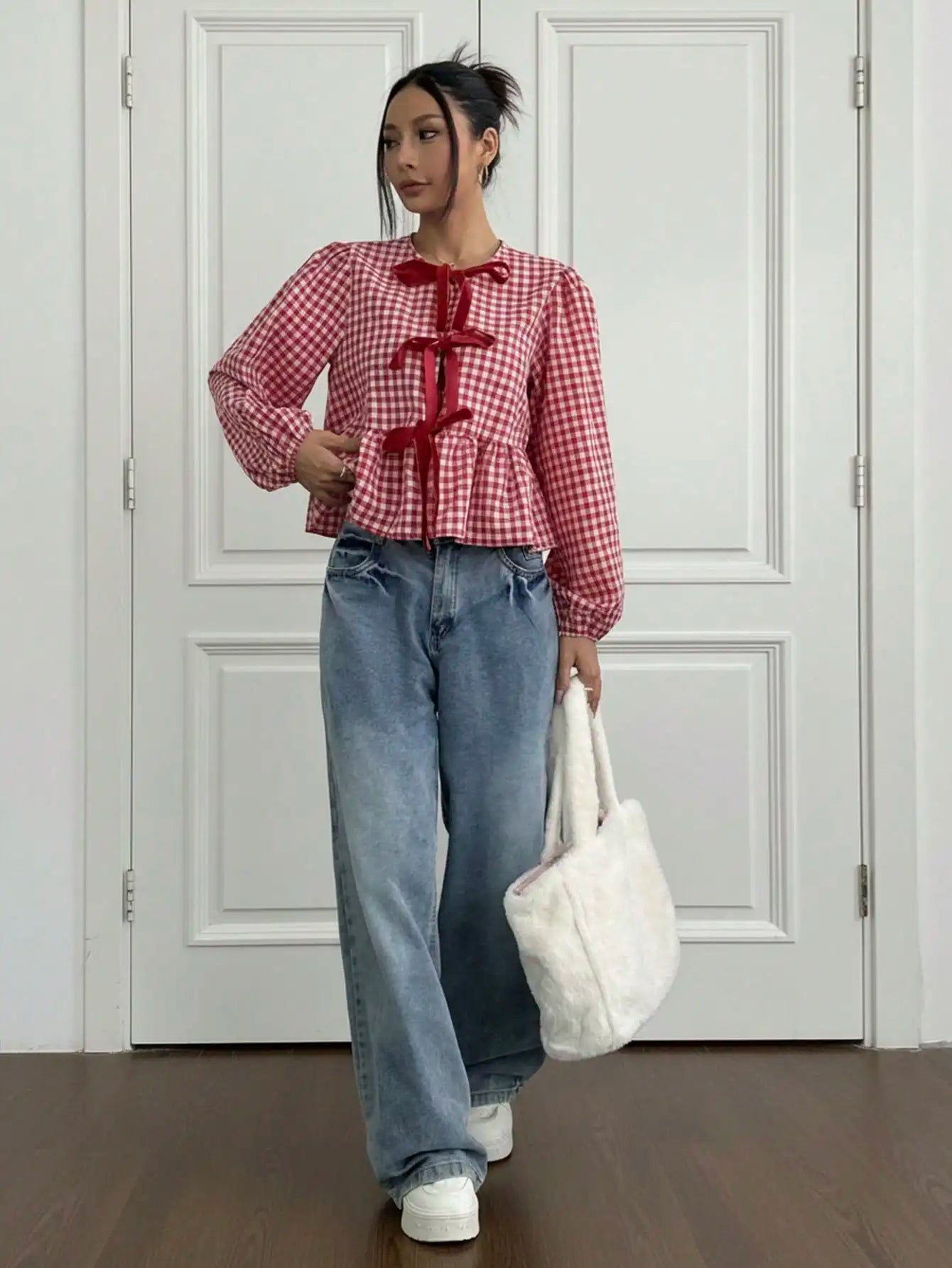 Red & White Gingham Blouse Bow Tie Front Puff Sleeves