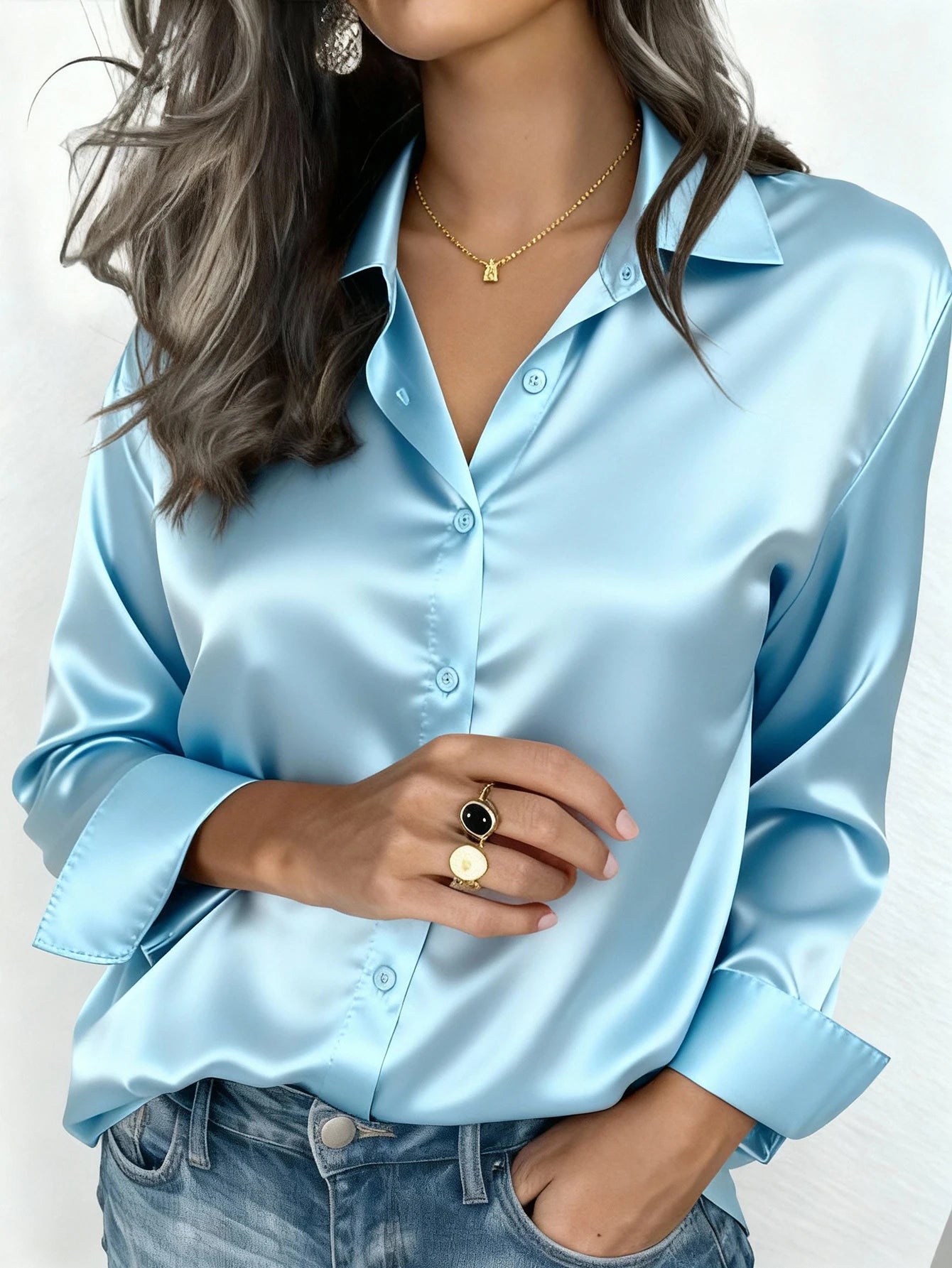 Women's Satin Button-Up Blouse, Elegant Collared Shirt
