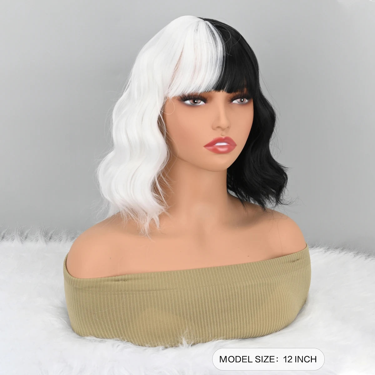 Short Wavy Shoulder Length Full Bang Heat Resistant Wig (Black and White)