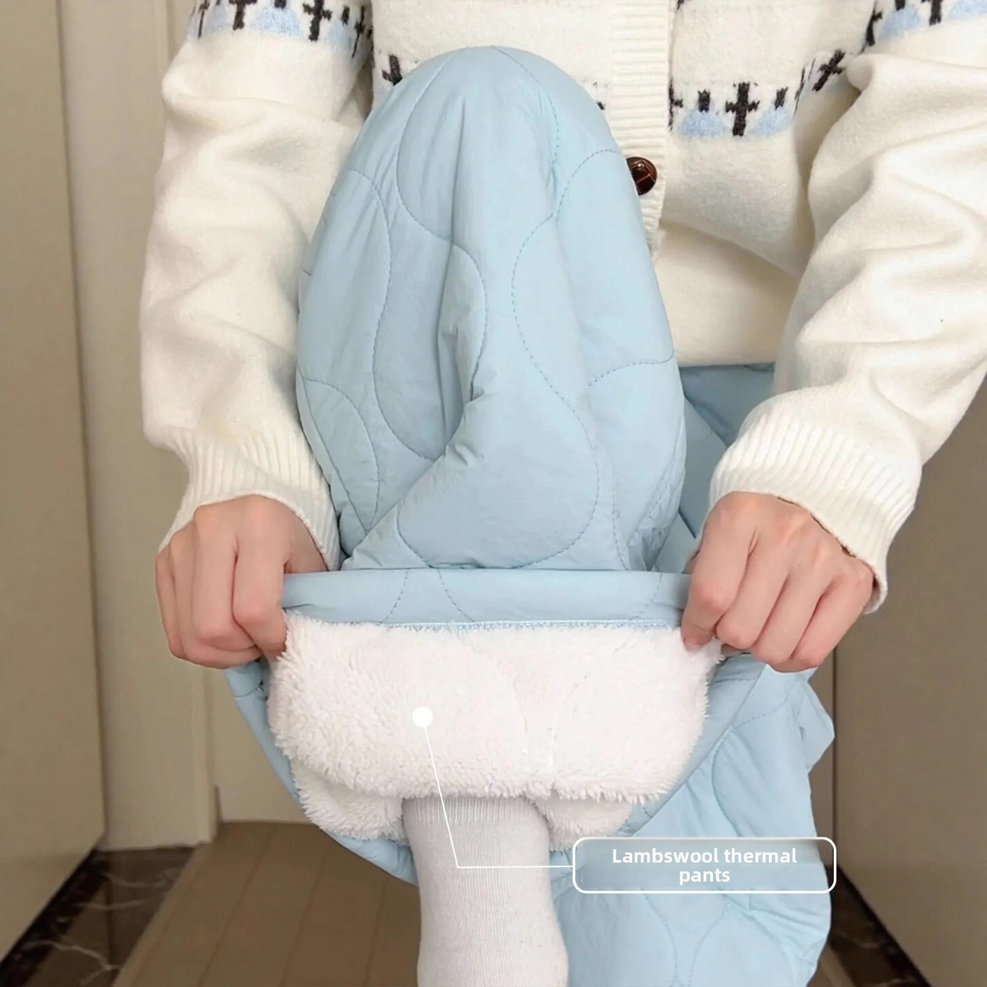 Blue Velvet Fleece Lined Casual Wide Leg Pants Women's