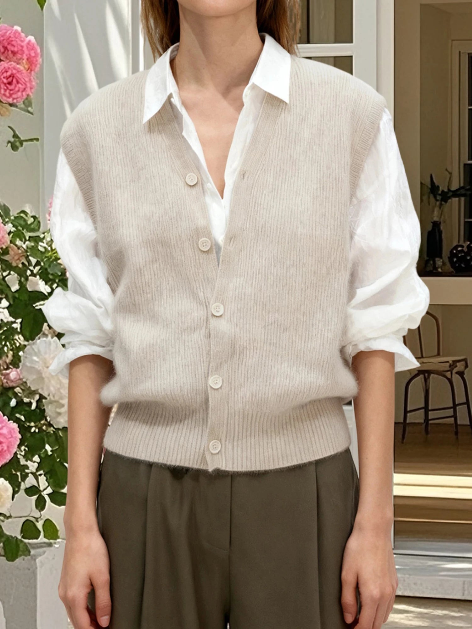Sleeveless V Neck Button Down Cardigan Vest