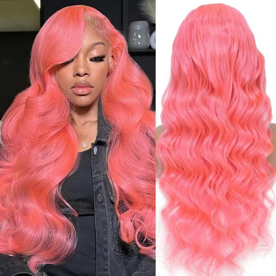 Pink Human Hair Wig Colored Body Wave Lace Front Wig
 13X6 Lace Frontal Wig 250 Density Brazilian Wig Original 40 Inch Natural