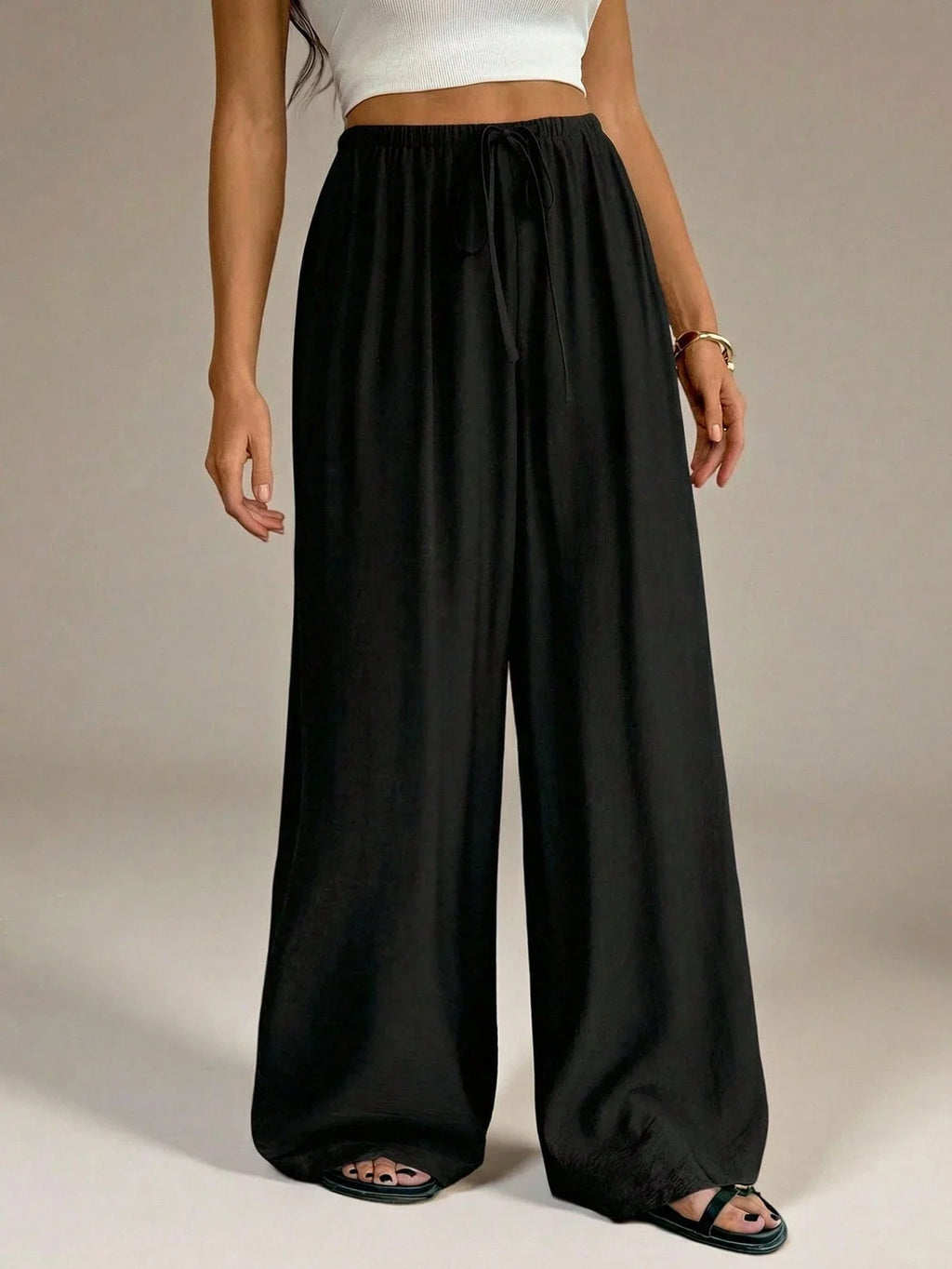 Women Wide Leg Pants Casual High Waist Elastic Drawstring Black