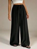 Women Wide Leg Pants Casual High Waist Elastic Drawstring Black