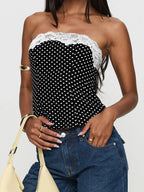 Lace Tops with Polka Dot Print Strapless Fit Zip Up
