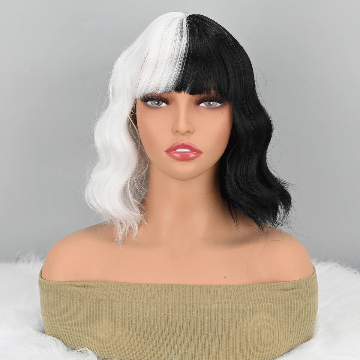 Short Wavy Shoulder Length Full Bang Heat Resistant Wig (Black and White)