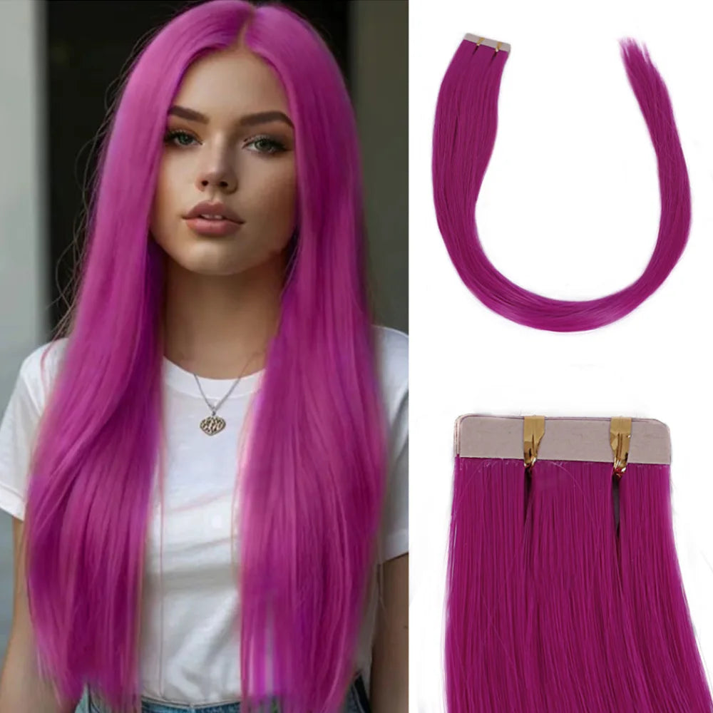 Seamless Invisible Tape in Red Hair Extensions for Women 24 inch Straight 
Colored Soft Synthetic Hair for Party Halloween Use