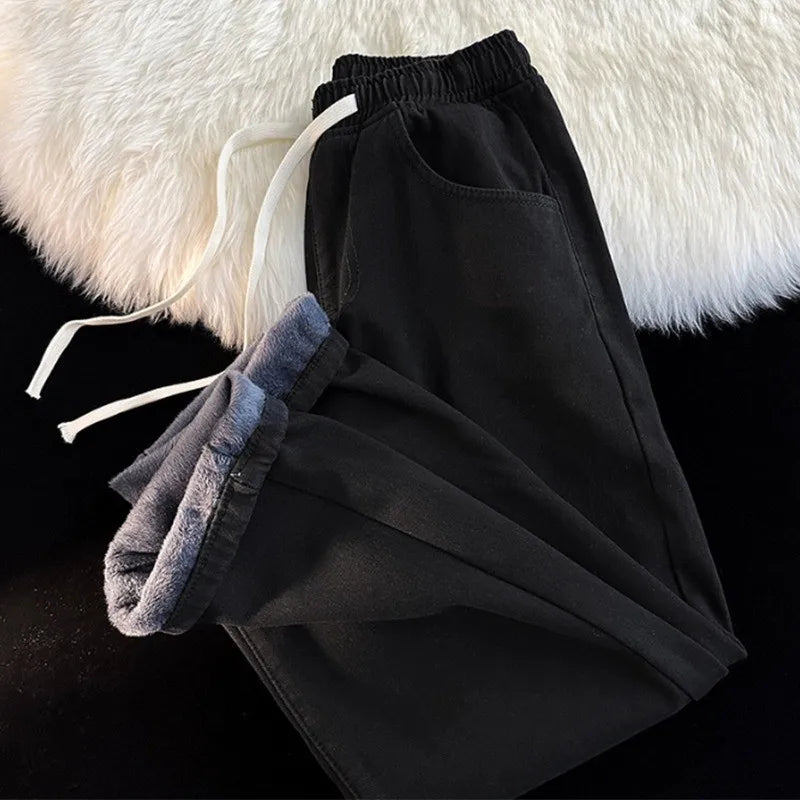 Fleece Lined Thickened Jeans Elastic Waist