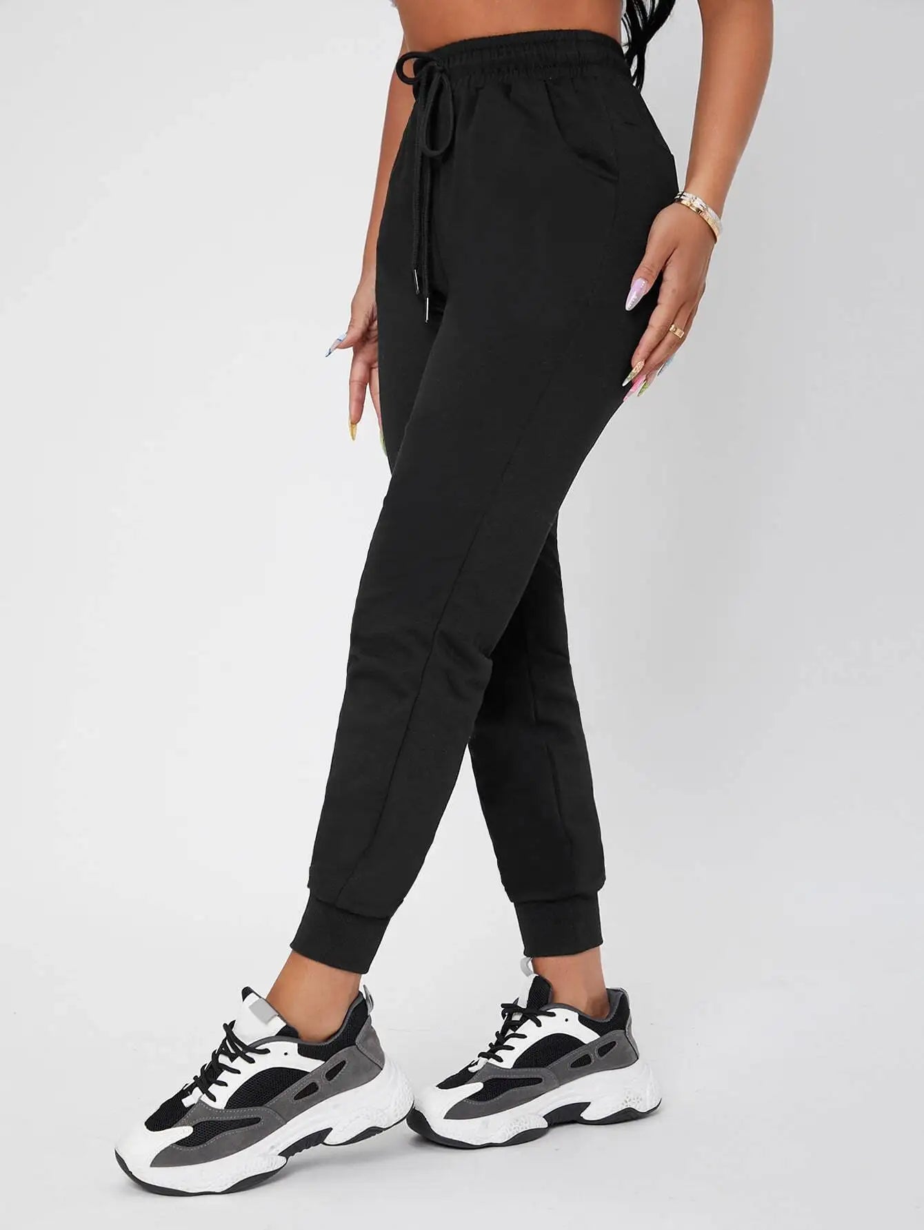 Black Drawstring Waist Jogger Pants with Elastic Cuffs