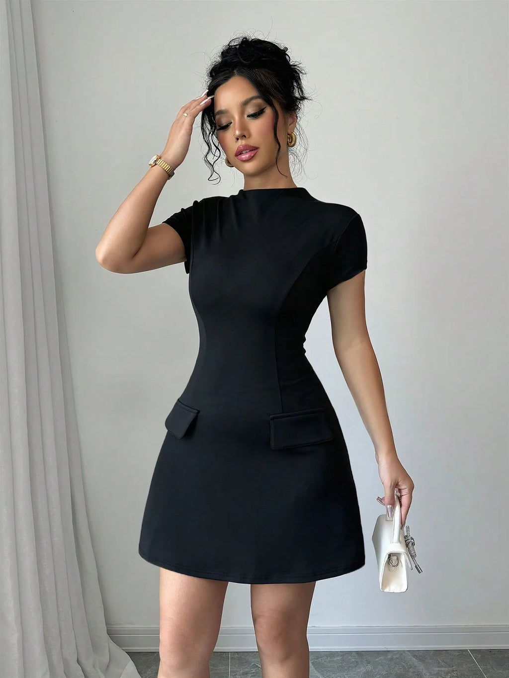 Black Solid Stand Collar Short Sleeve Mini Dress