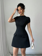 Black Solid Stand Collar Short Sleeve Mini Dress