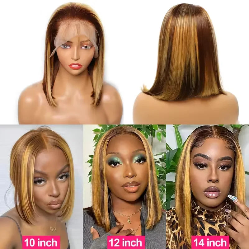 4/27 Highlight Bob Wigs Straight Lace Front Wig Human Hair 
Ombre Frontal Bob Wig Human Hair glueless wear to go Ombre Brown Wig
