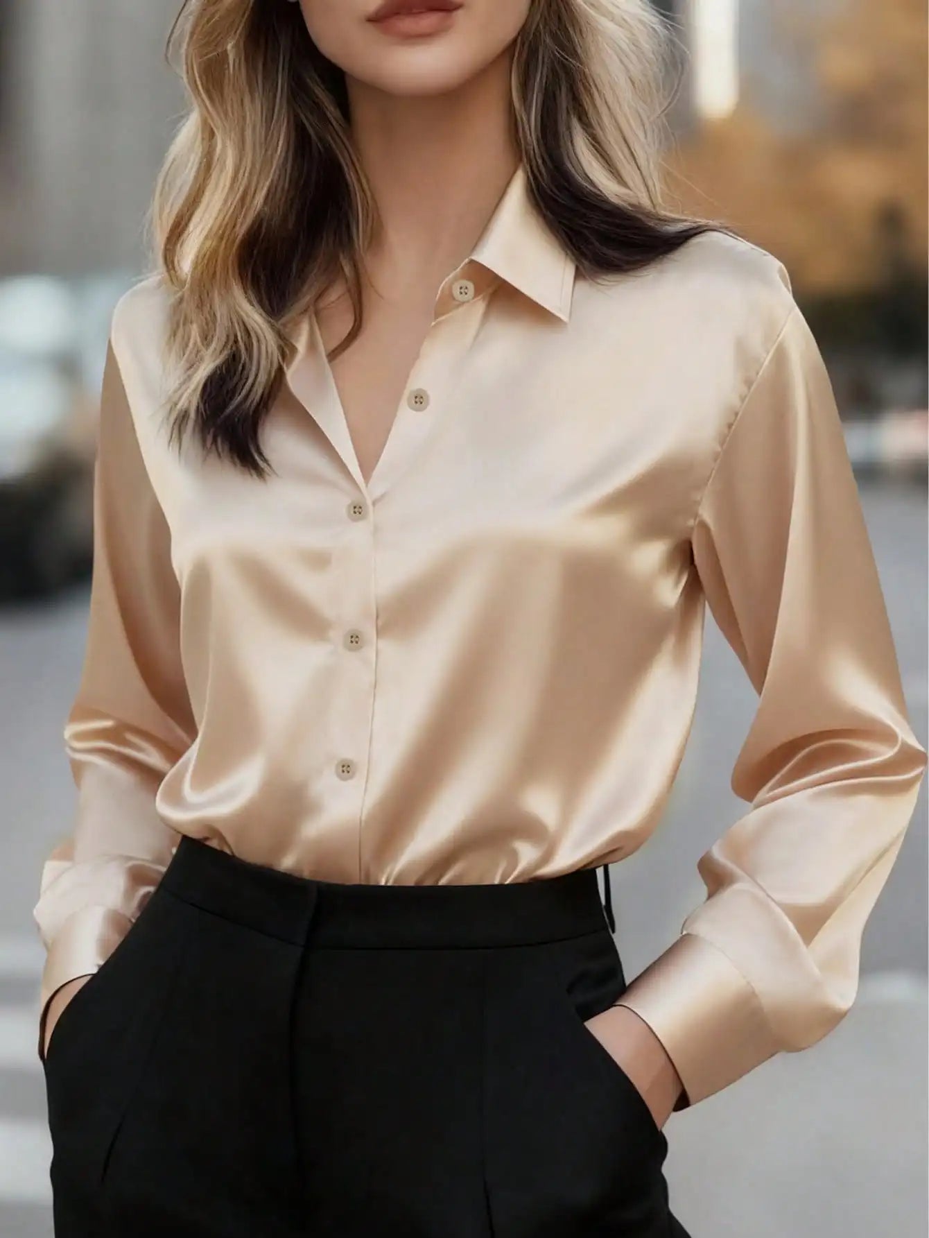 Women's Satin Button-Up Blouse, Elegant Collared Shirt