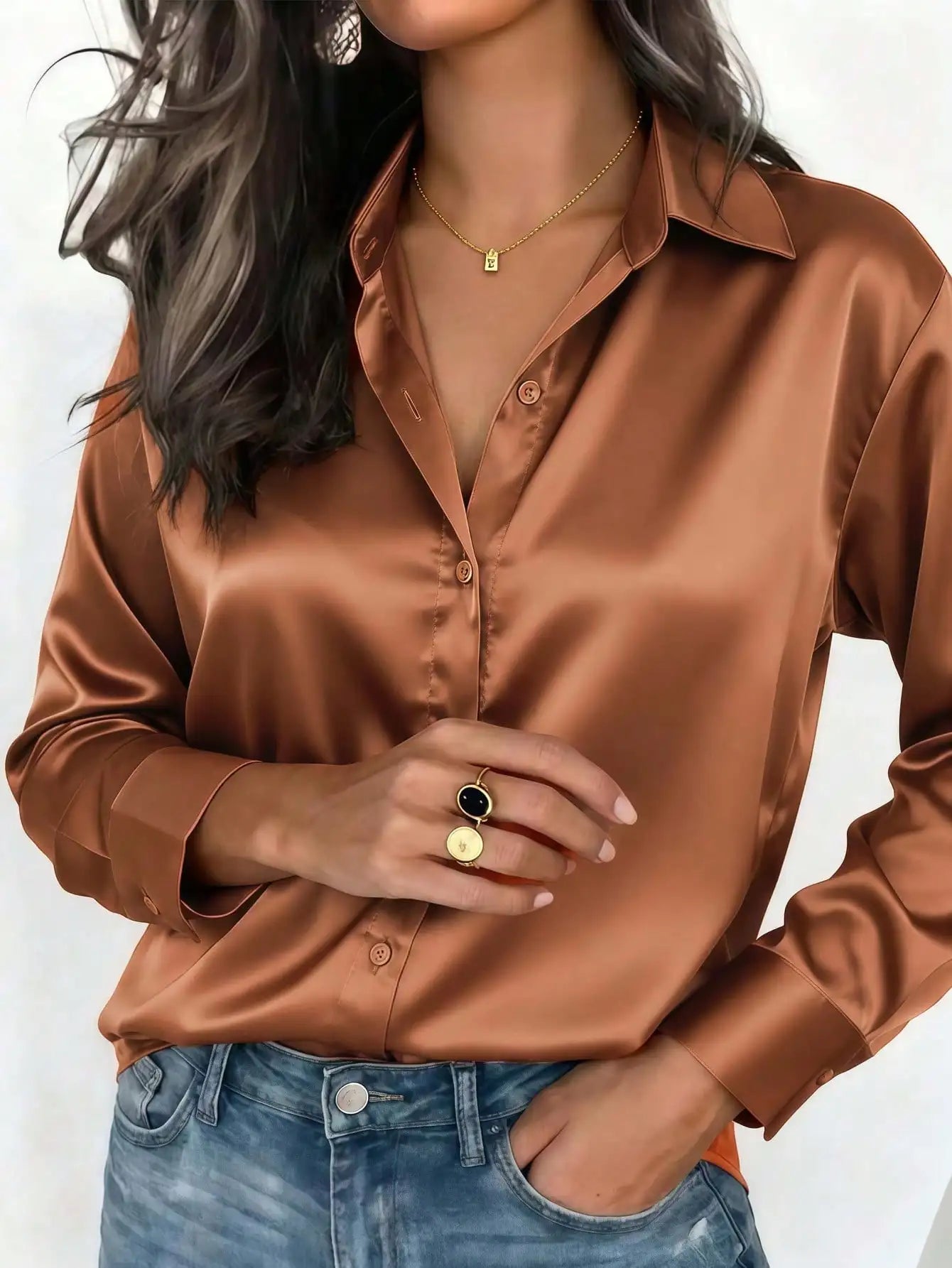 Women's Satin Button-Up Blouse, Elegant Collared Shirt
