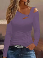 Hollow Out Asymmetric Shoulder Long Sleeve T-Shirt
