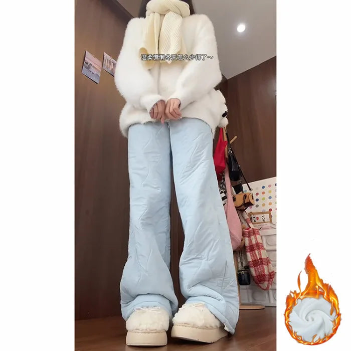 Blue Velvet Fleece Lined Casual Wide Leg Pants Women's