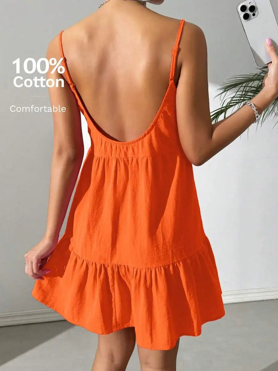 Backless Camisole Dress Ruffle Hem, Mini Dress