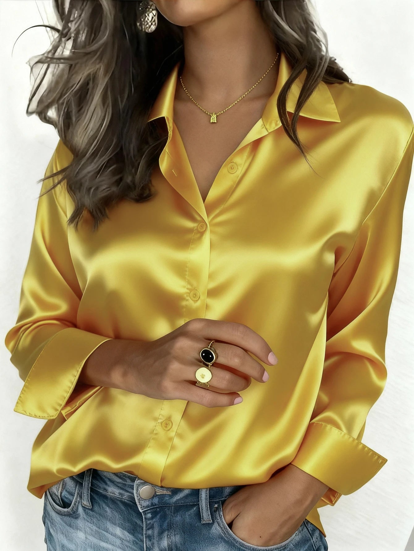 Women's Satin Button-Up Blouse, Elegant Collared Shirt