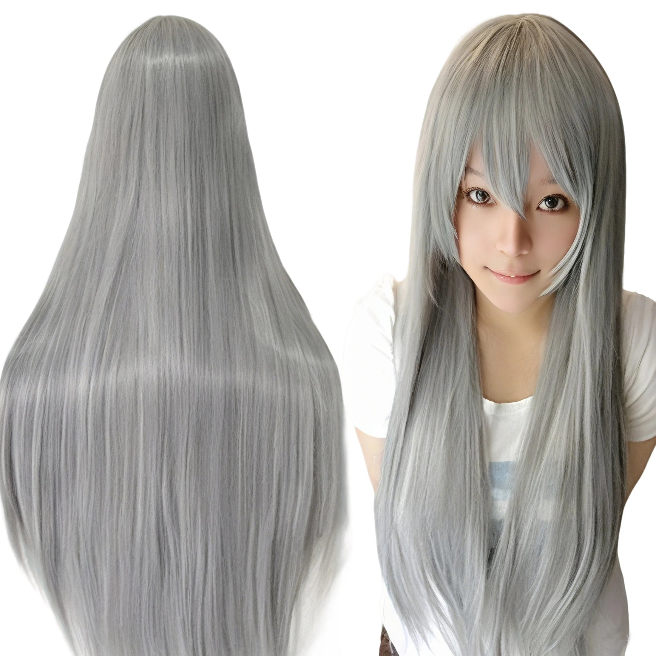 80cm Straight Synthetic Cosplay Wig White Purple Green Silver Pink Lolita Hairpiece with Bangs Long Wigs