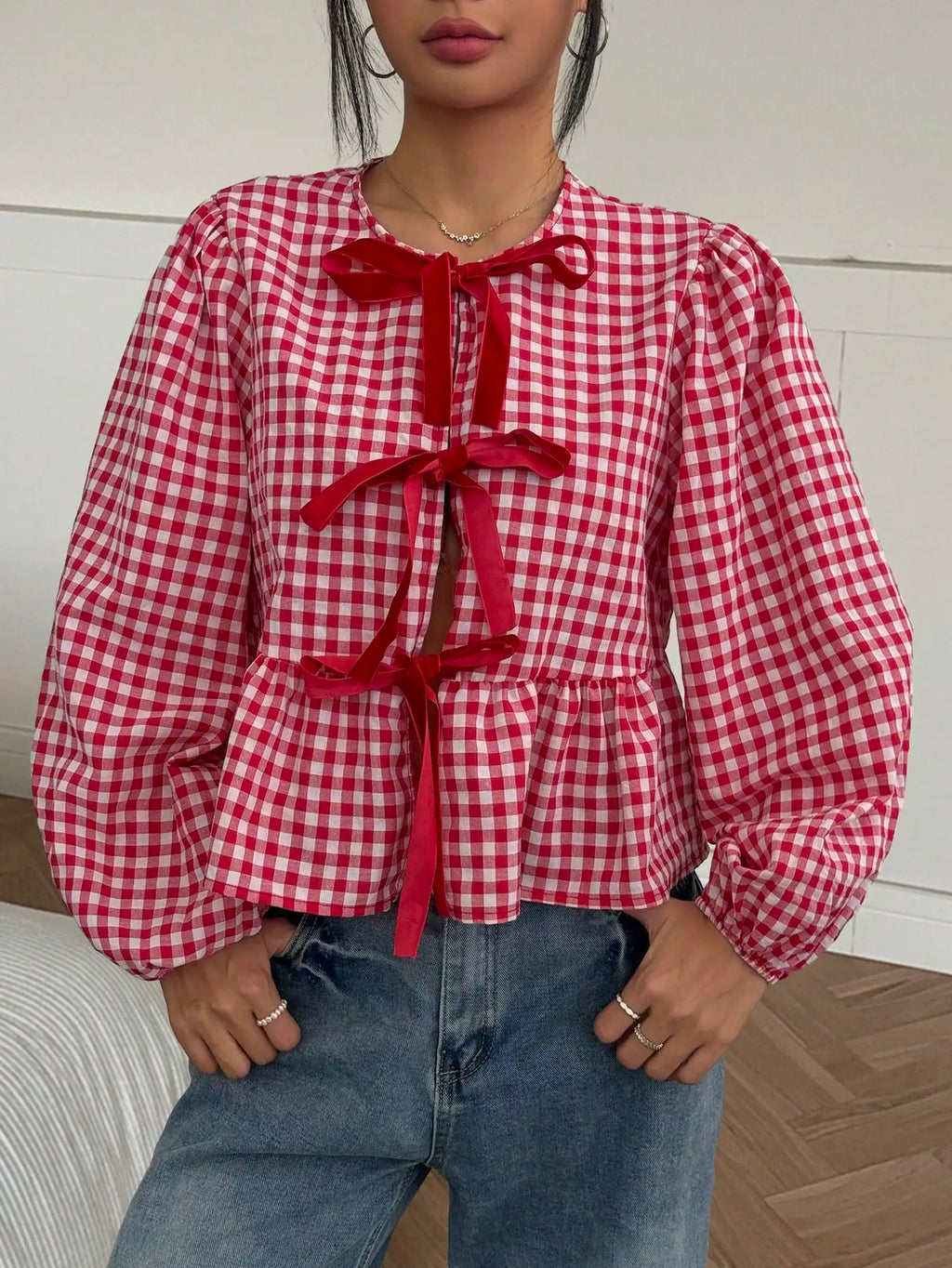 Red & White Gingham Blouse Bow Tie Front Puff Sleeves