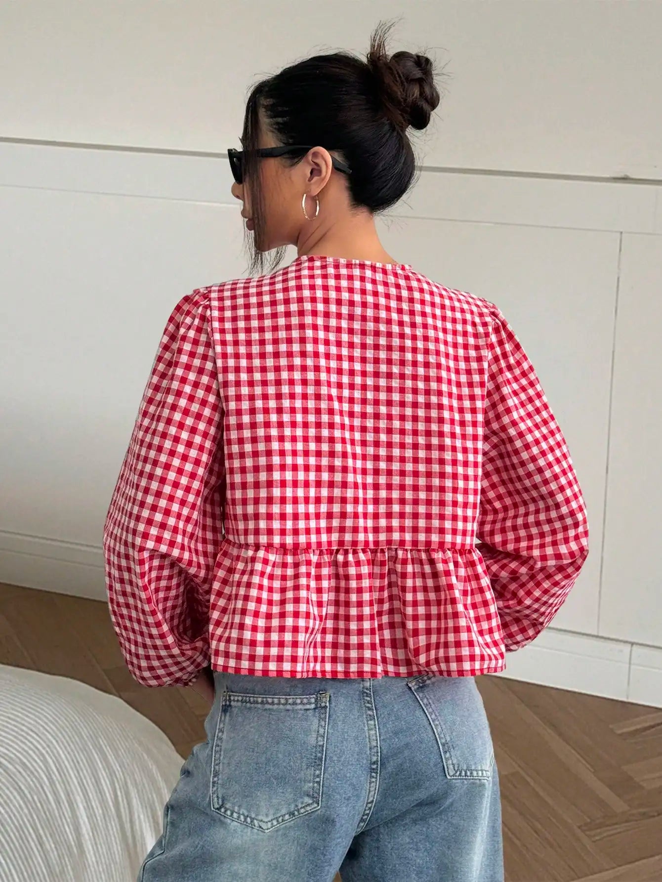 Red & White Gingham Blouse Bow Tie Front Puff Sleeves