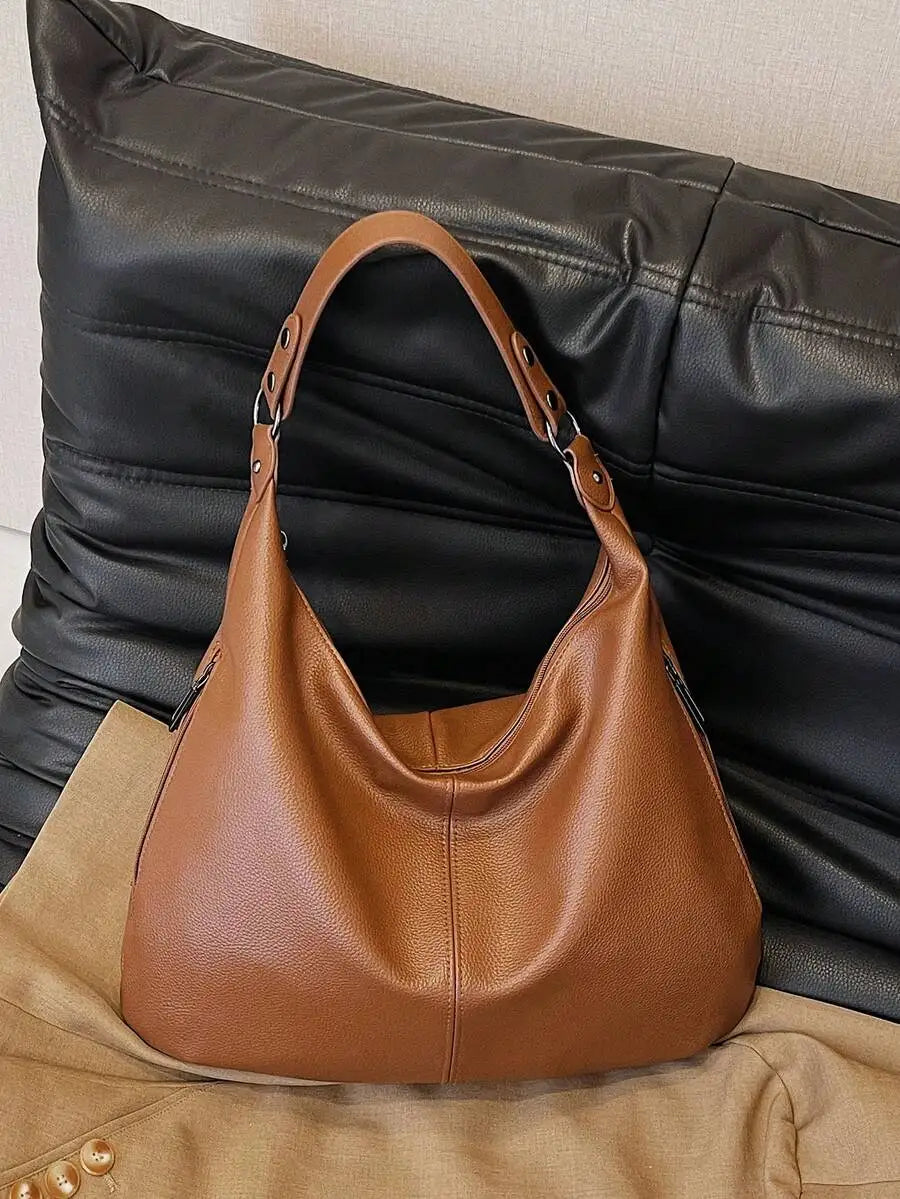 Black Faux Leather Shoulder Bag  Zipper Closure