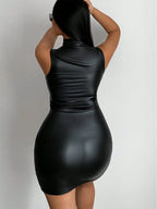 Black Mock Neck Leather Bodycon Mini Dress