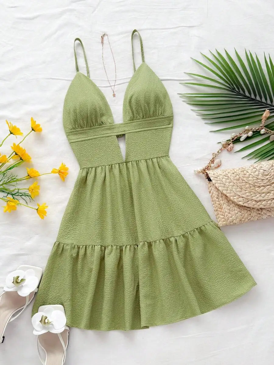 Black V-Neck Sleeveless Backless Summer Dress for Women, Casual Beach Party Wear