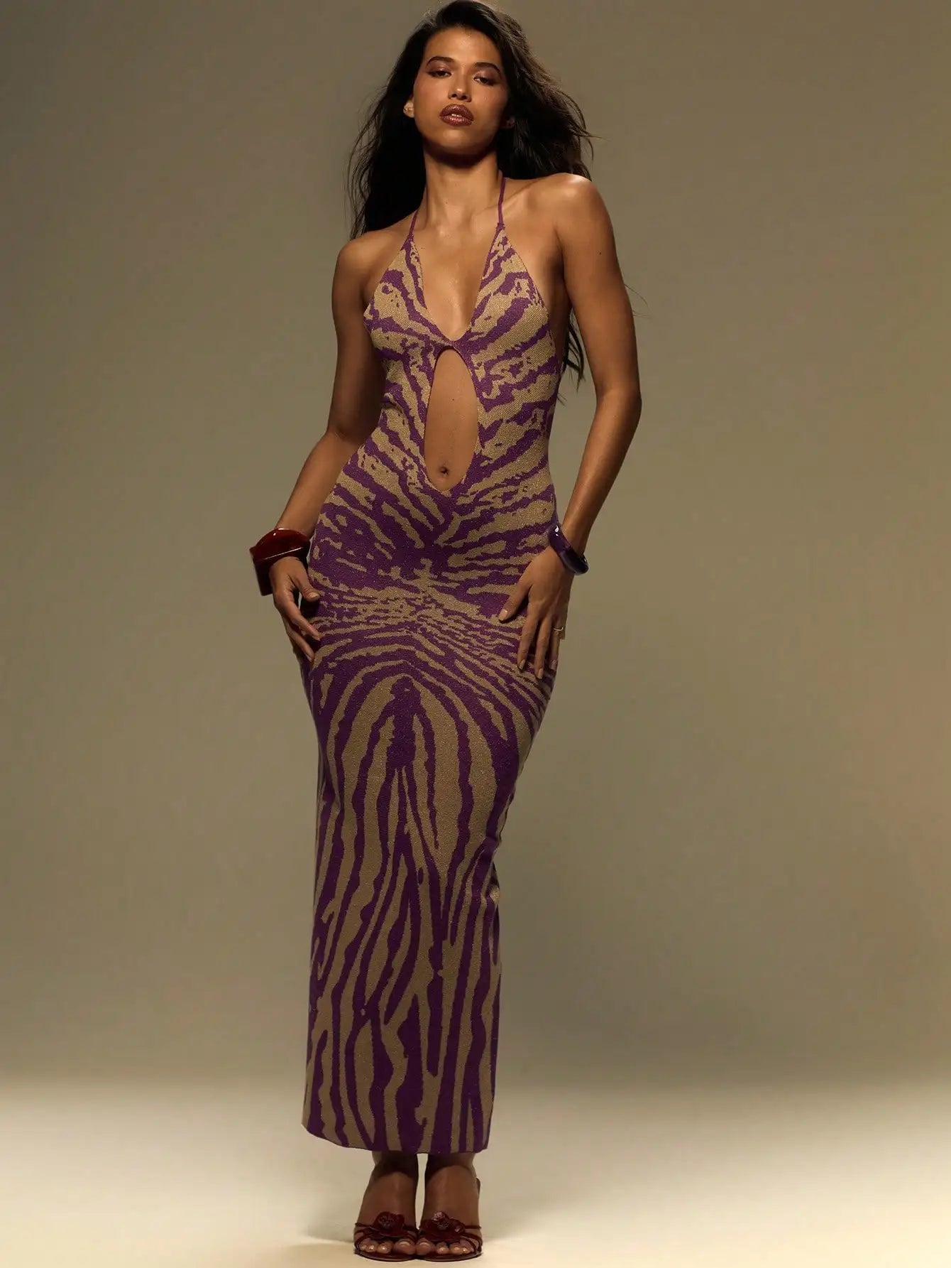 Purple & Beige Zebra Print Knitted Halter Maxi
