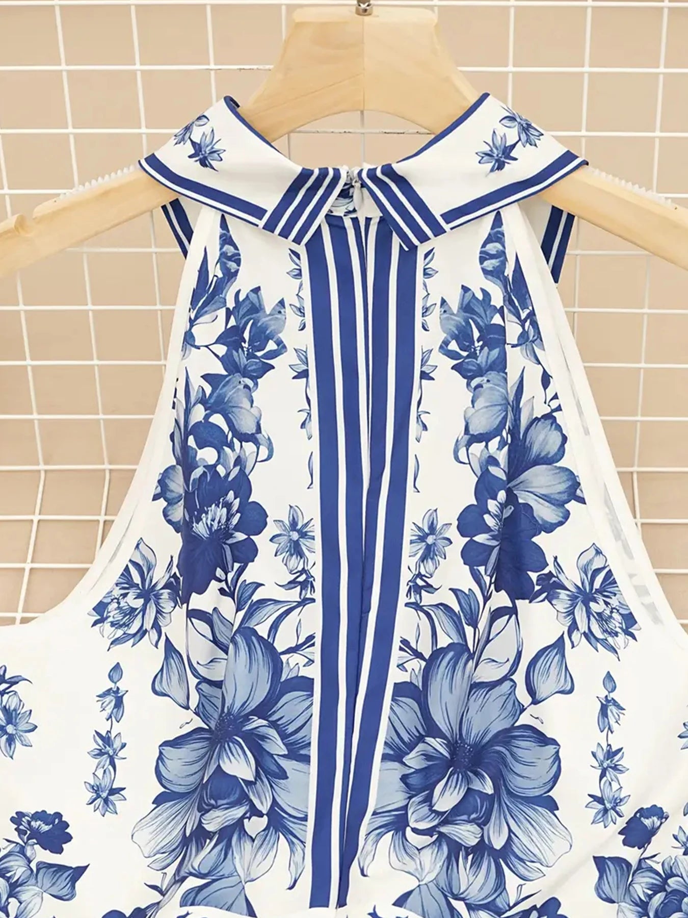 Blue and White Floral Print Women's Long A-Line Dress