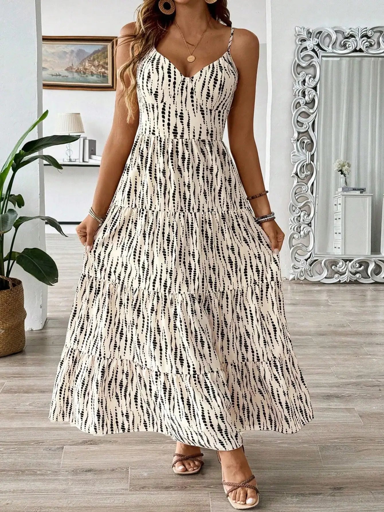 Boho Plus Size Maxi Dress with Back Tie & Tiered Skirt for Summer Beach Vacations
