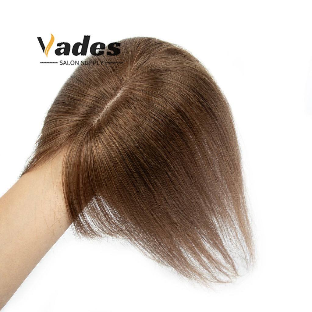 Human Hair Topper with Bangs Hand-Tied Thin 
5 * 9cm Base Light Weight Clip