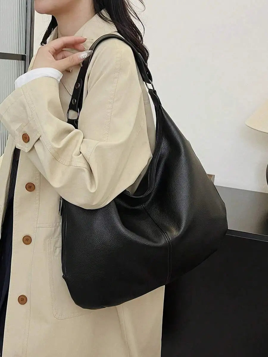 Black Faux Leather Shoulder Bag  Zipper Closure