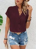 V-Neck Short Sleeve Button Down Shirt