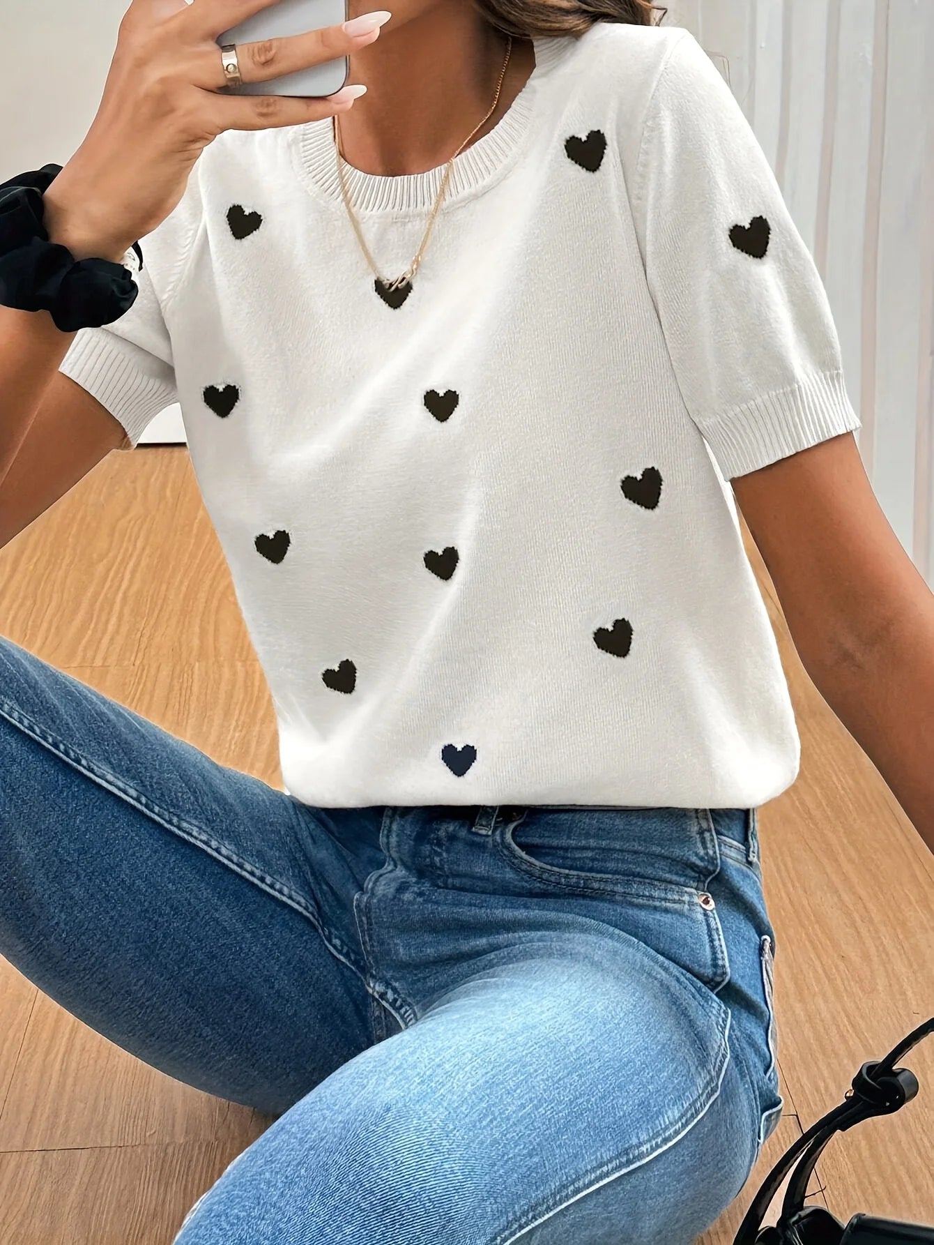 Woman Sweater Knitted Round Neck Short Sleeve Tops