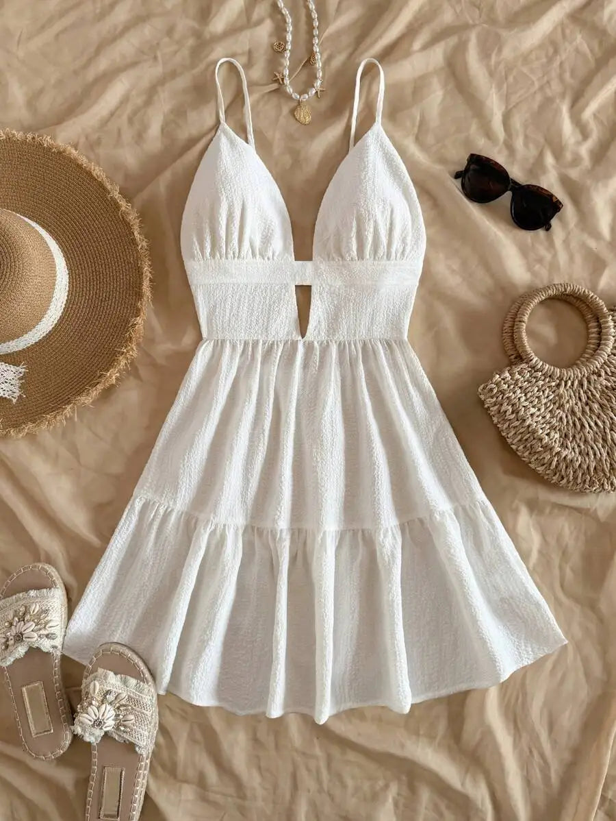 Black V-Neck Sleeveless Backless Summer Dress for Women, Casual Beach Party Wear